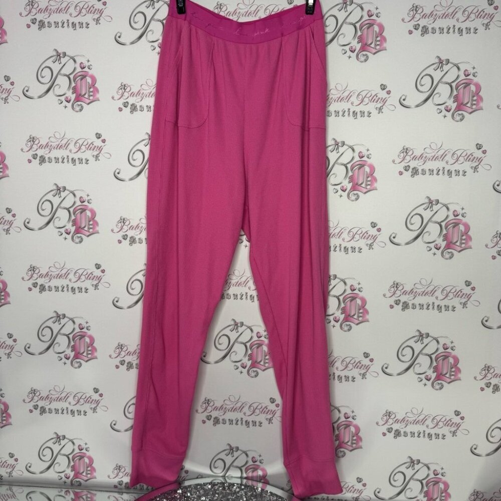Victoria secret pink pants lounge elastic logo waist shimmer shiny writing luxe